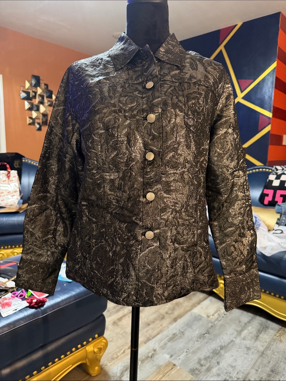 Laura Ashley Metallic Black Patterned Button-Front Jacket